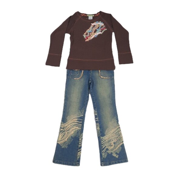Little Mass Girls Outfit 6 Brown Yarn Top & Blue Flare Jeans Y2K Boho 2000s - Picture 2 of 16